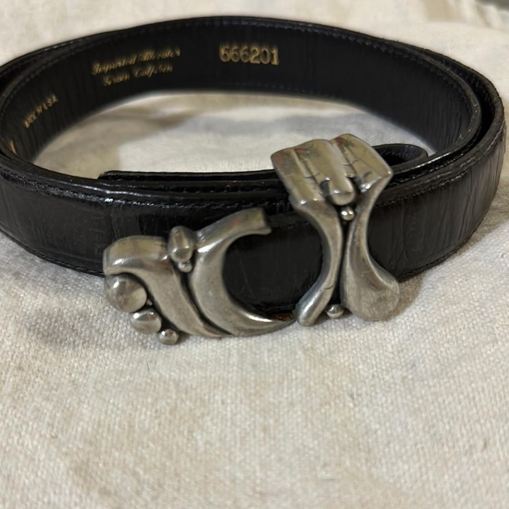 Hartnell Black and Silver Leather Belt with Ornate Buckle
